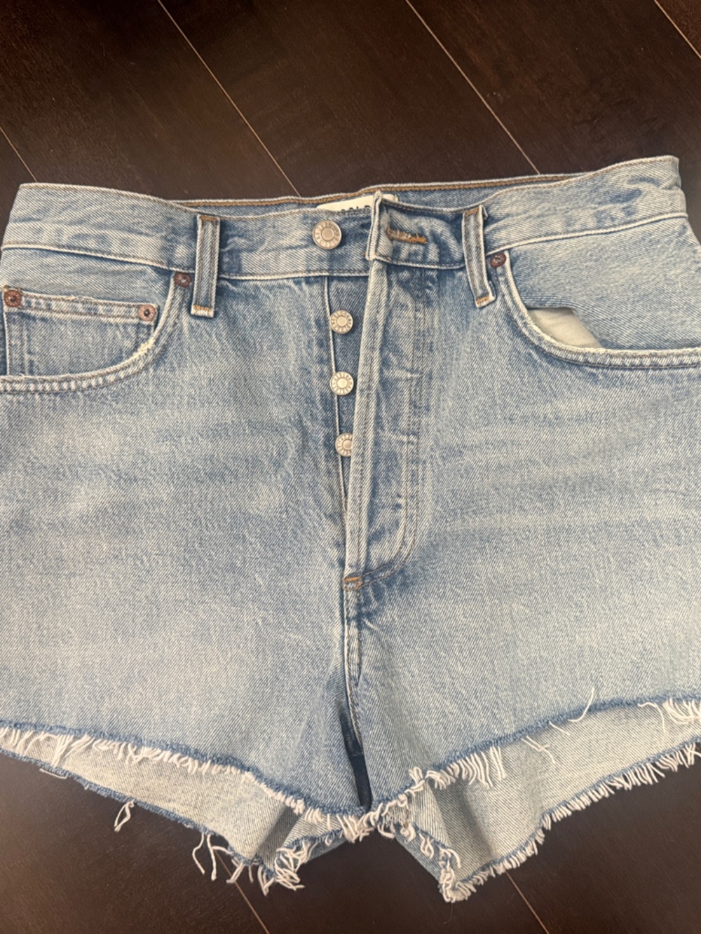 Light Blue High-Rise Button-Fly Cutoff Denim Shorts | Agolde